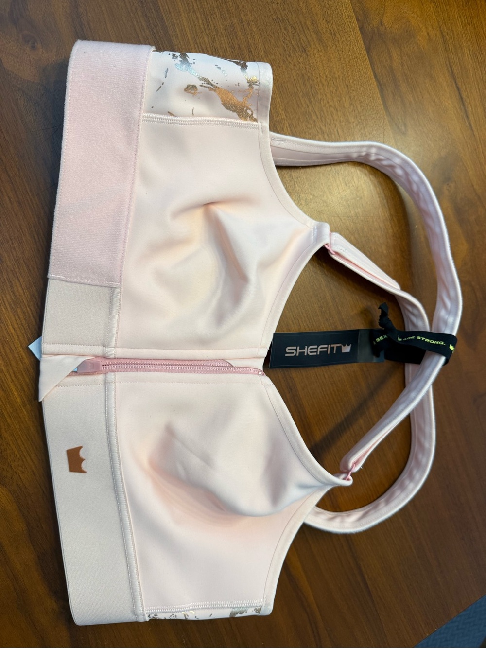 SHEFIT Light Pink Front-Zip Support Sports Bra with Metallic Accent